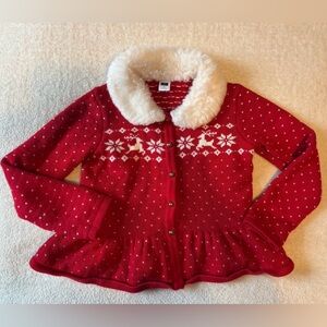 Janie & Jack Fair Isle Cardigan w/ Reindeer, Snowflakes White Furry Collar. Sz 5